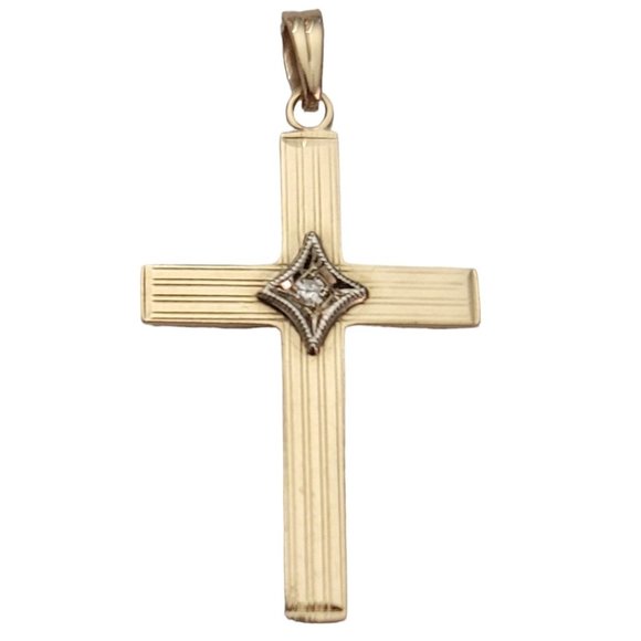10K Yellow Gold Diamond Chip Cross Pendant E505